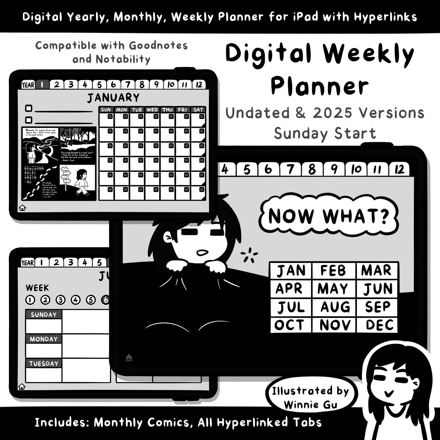 Webcomic B&W Weekly Planner | 2025 & Undated